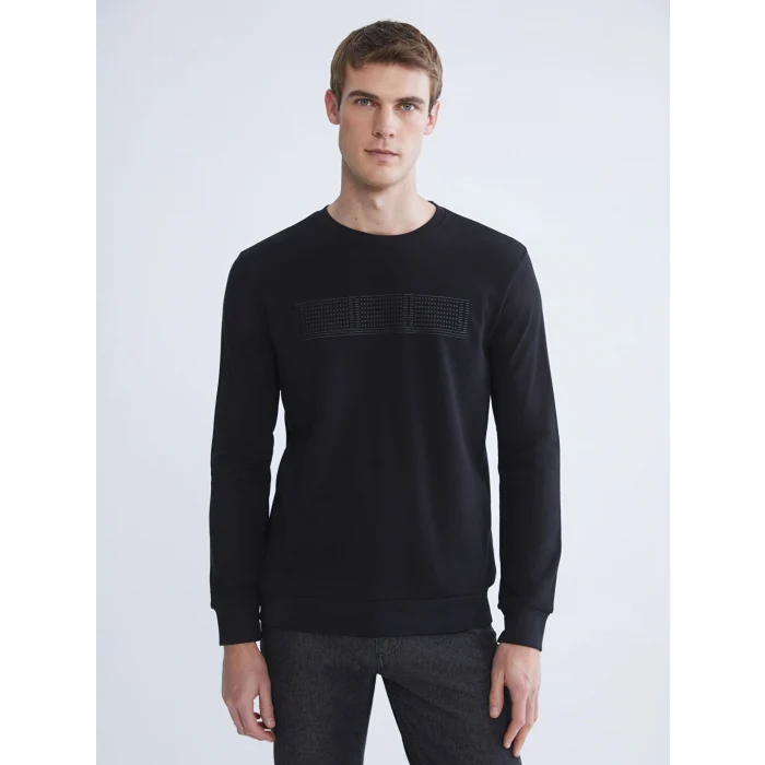 LCWAIKIKI Classic Siyah Bisiklet Yaka Uzun Kollu Baskılı Erkek Sweatshirt