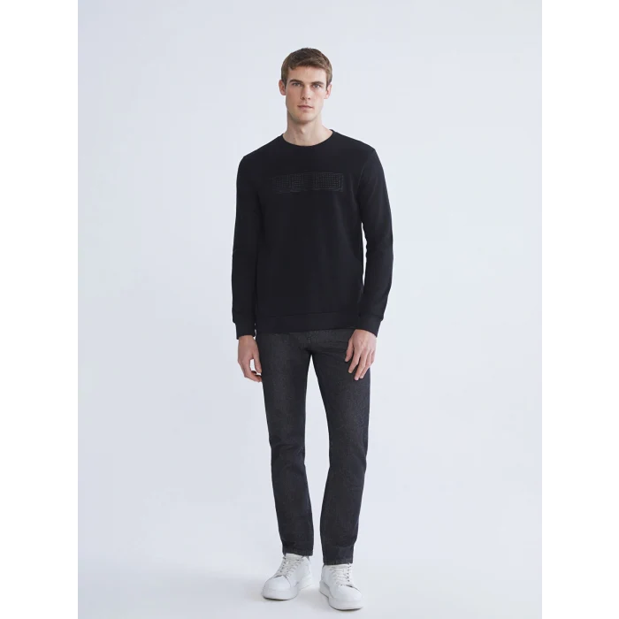 LCWAIKIKI Classic Siyah Bisiklet Yaka Uzun Kollu Baskılı Erkek Sweatshirt