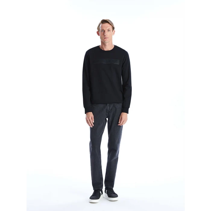 LCWAIKIKI Classic Siyah Bisiklet Yaka Uzun Kollu Baskılı Erkek Sweatshirt