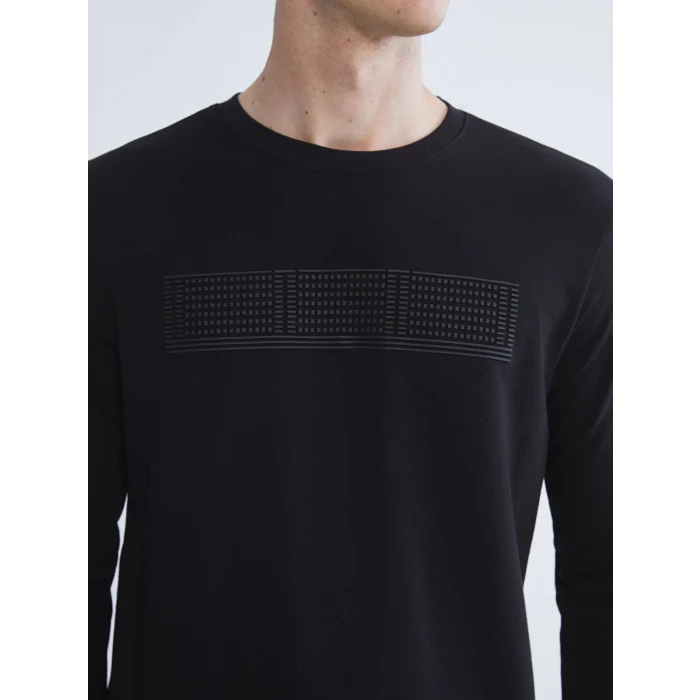 LCWAIKIKI Classic Siyah Bisiklet Yaka Uzun Kollu Baskılı Erkek Sweatshirt