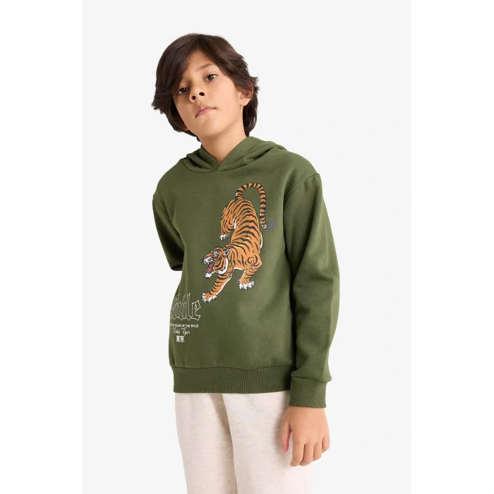 Defacto G3659A8KH443 Haki Erkek Çocuk 2li Takım Kaplan Baskılı Kapüşonlu Sweatshirt Eşofman Altı