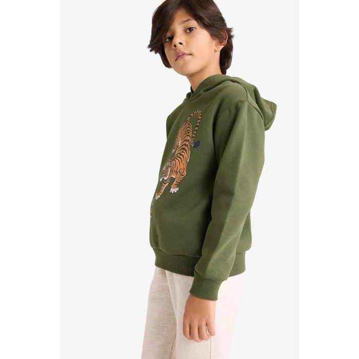 Defacto G3659A8KH443 Haki Erkek Çocuk 2li Takım Kaplan Baskılı Kapüşonlu Sweatshirt Eşofman Altı