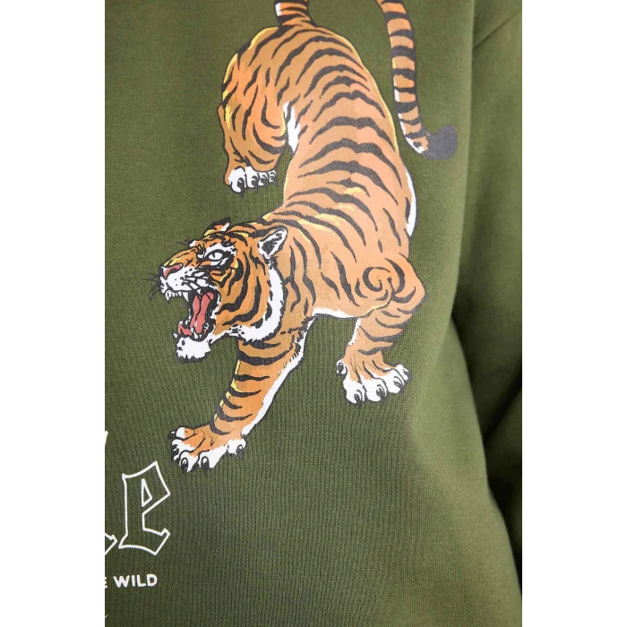 Defacto G3659A8KH443 Haki Erkek Çocuk 2li Takım Kaplan Baskılı Kapüşonlu Sweatshirt Eşofman Altı