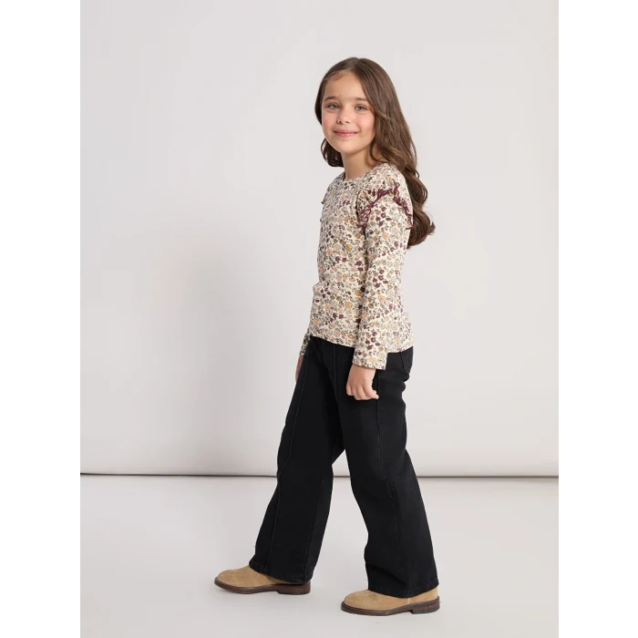 LCW Kids Bej Uzun Kollu Çiçek Desenli Kız Çocuk Tişört