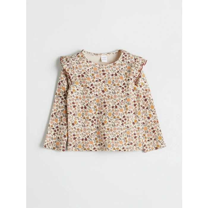 LCW Kids Bej Uzun Kollu Çiçek Desenli Kız Çocuk Tişört