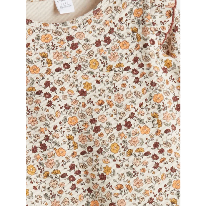 LCW Kids Bej Uzun Kollu Çiçek Desenli Kız Çocuk Tişört