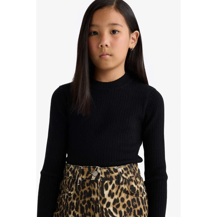 Defacto E9849A8BK81 Siyah Kız Çocuk Fitted Bisiklet Yaka Ribana Kazak