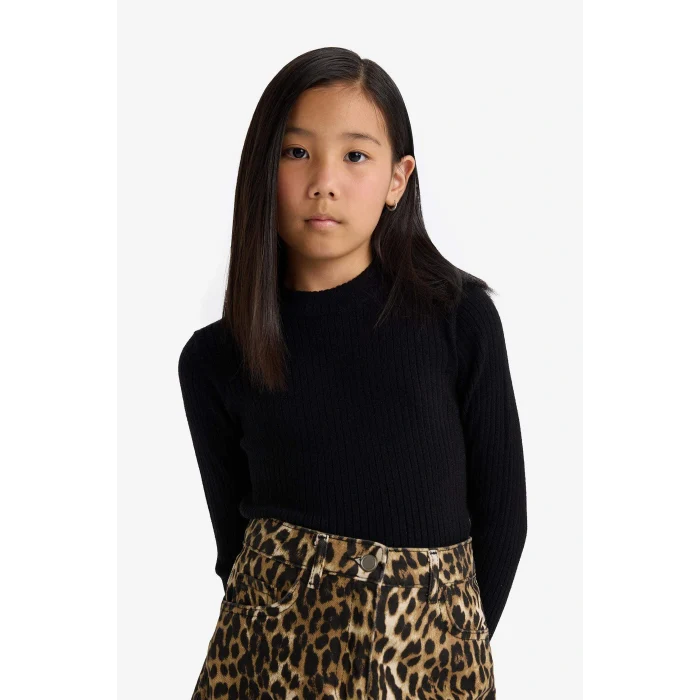 Defacto E9849A8BK81 Siyah Kız Çocuk Fitted Bisiklet Yaka Ribana Kazak