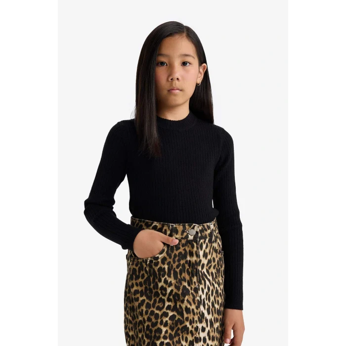 Defacto E9849A8BK81 Siyah Kız Çocuk Fitted Bisiklet Yaka Ribana Kazak