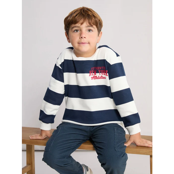LCW Kids Ekru Bisiklet Yaka Çizgili Erkek Çocuk Sweatshirt