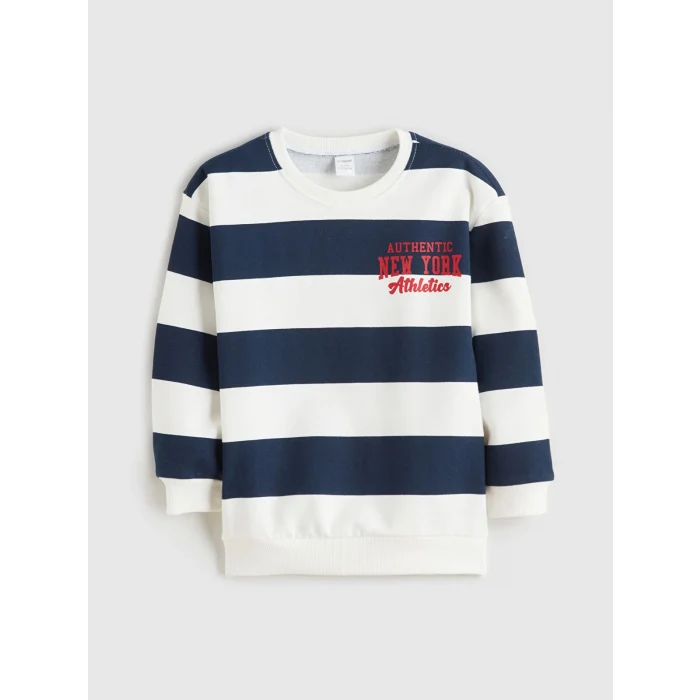 LCW Kids Ekru Bisiklet Yaka Çizgili Erkek Çocuk Sweatshirt