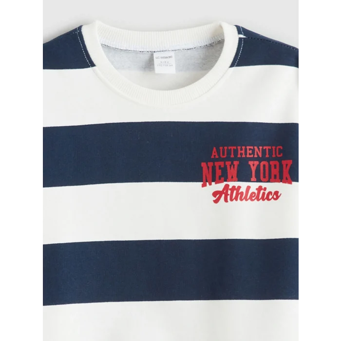 LCW Kids Ekru Bisiklet Yaka Çizgili Erkek Çocuk Sweatshirt