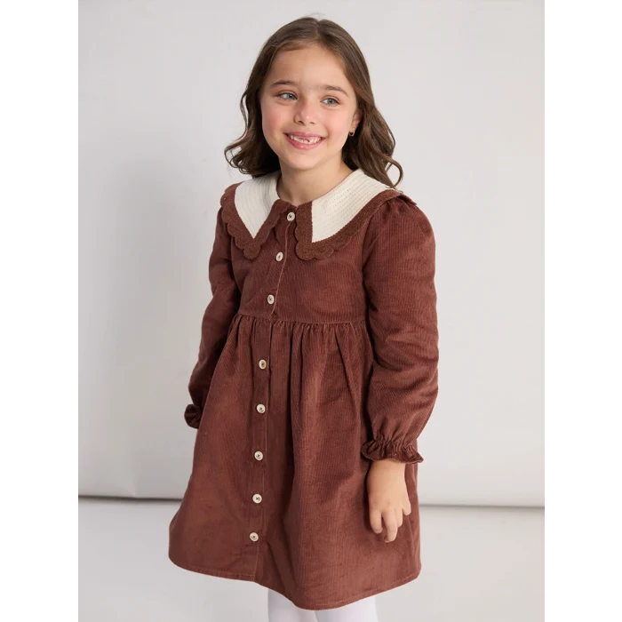 LCW Kids Kahverengi Bebe Yaka Kız Çocuk Kadife Elbise