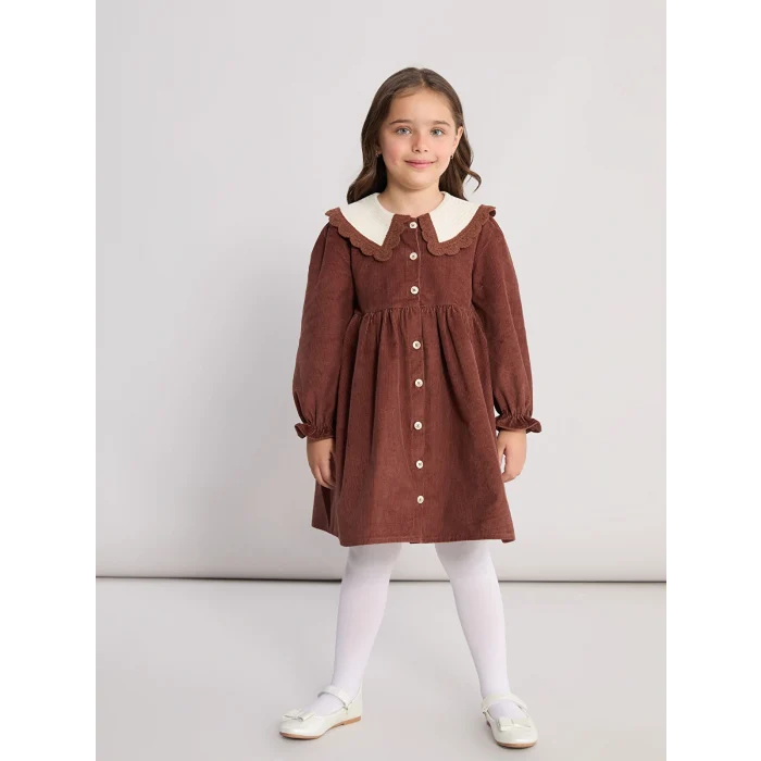 LCW Kids Kahverengi Bebe Yaka Kız Çocuk Kadife Elbise