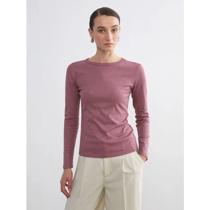 LCWAIKIKI Basic Pembe Bisiklet Yaka Parlak Görünümlü Kadın Tişört