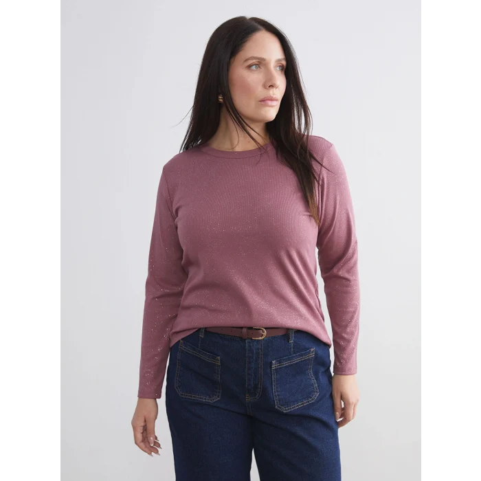 LCWAIKIKI Basic Pembe Bisiklet Yaka Parlak Görünümlü Kadın Tişört