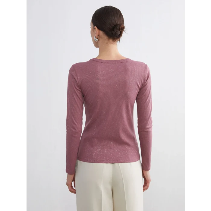 LCWAIKIKI Basic Pembe Bisiklet Yaka Parlak Görünümlü Kadın Tişört