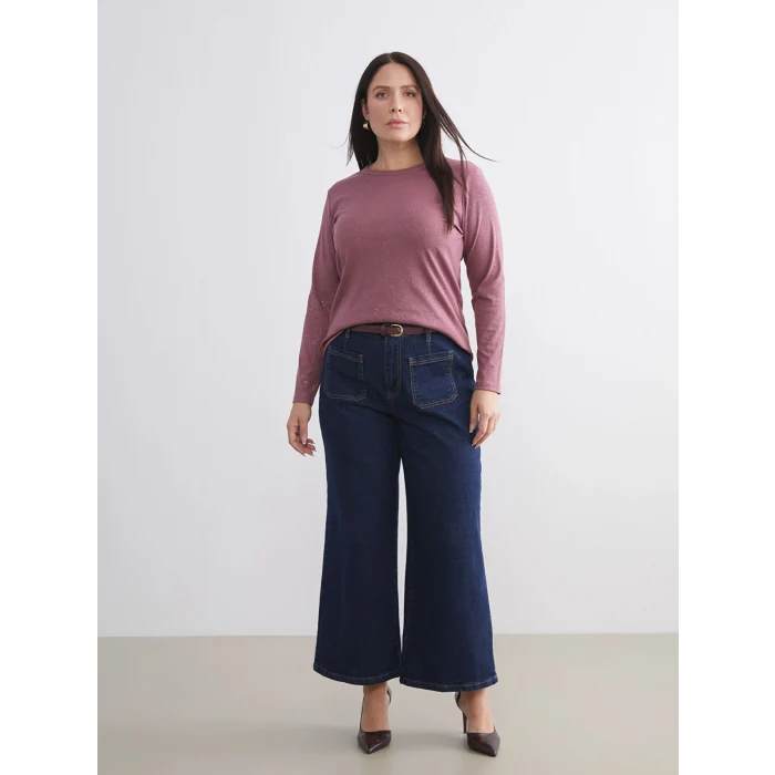 LCWAIKIKI Basic Pembe Bisiklet Yaka Parlak Görünümlü Kadın Tişört