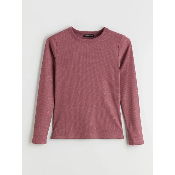 LCWAIKIKI Basic Pembe Bisiklet Yaka Parlak Görünümlü Kadın Tişört