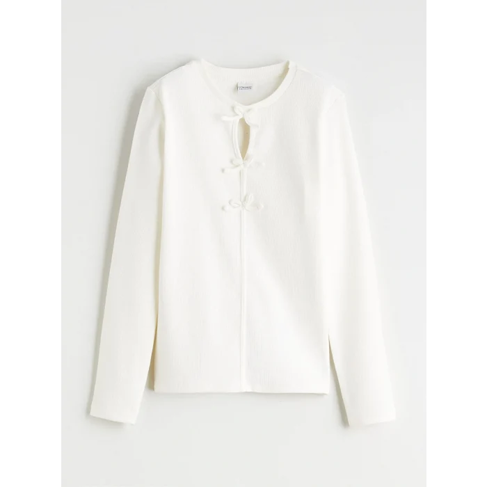 LCW Kids Ekru Bisiklet Yaka Fiyonk Detaylı Kız Çocuk Tişört