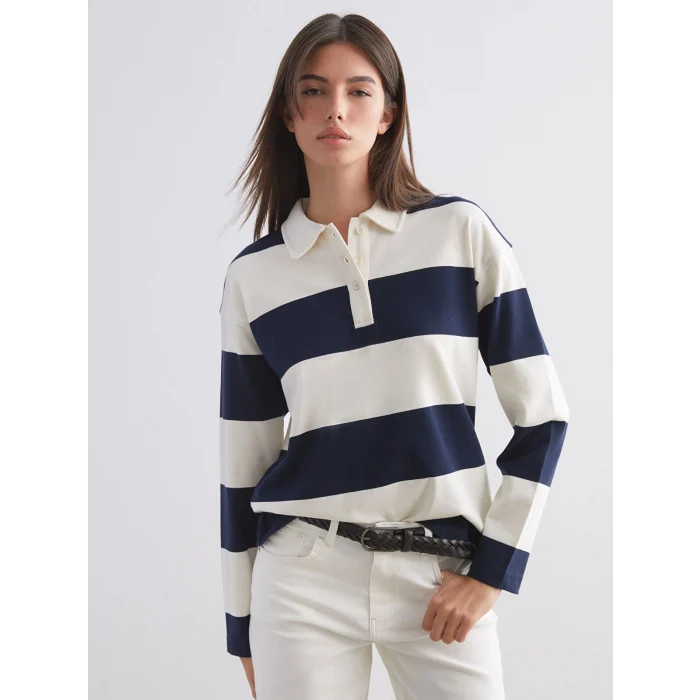 LCW Vision Karışık Polo Yaka Çizgili Kadın Tişört