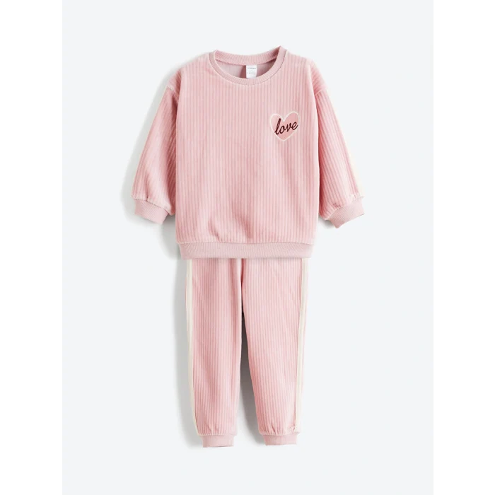 LCW Kids Pembe Bisiklet Yaka Kız Çocuk Kadife Sweatshirt ve Eşofman Alt