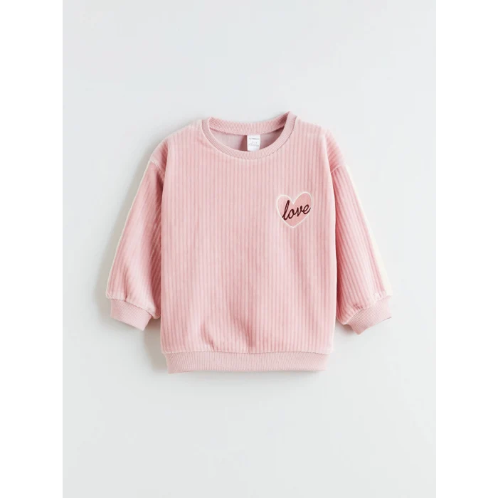 LCW Kids Pembe Bisiklet Yaka Kız Çocuk Kadife Sweatshirt ve Eşofman Alt