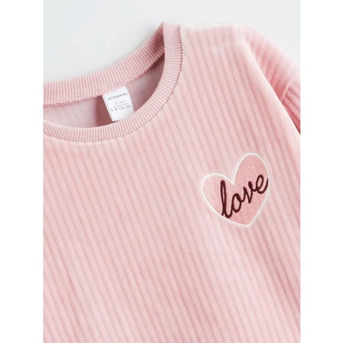 LCW Kids Pembe Bisiklet Yaka Kız Çocuk Kadife Sweatshirt ve Eşofman Alt