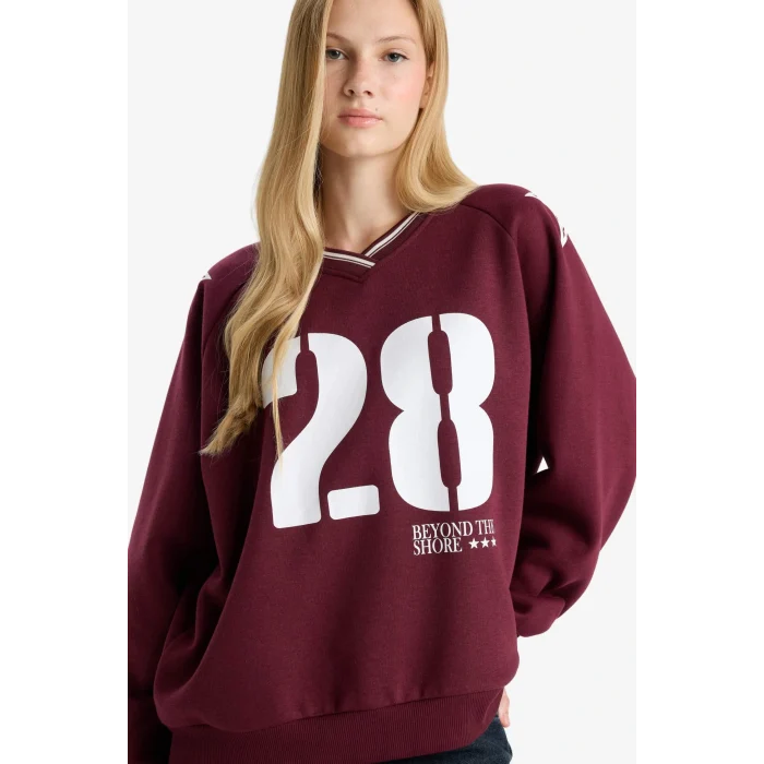 Defacto E8793AXBR467 Bordo Coool Oversize Geniş Kalıp V Yaka Baskılı Kalın Sweatshirt