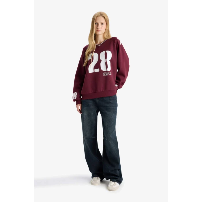 Defacto E8793AXBR467 Bordo Coool Oversize Geniş Kalıp V Yaka Baskılı Kalın Sweatshirt