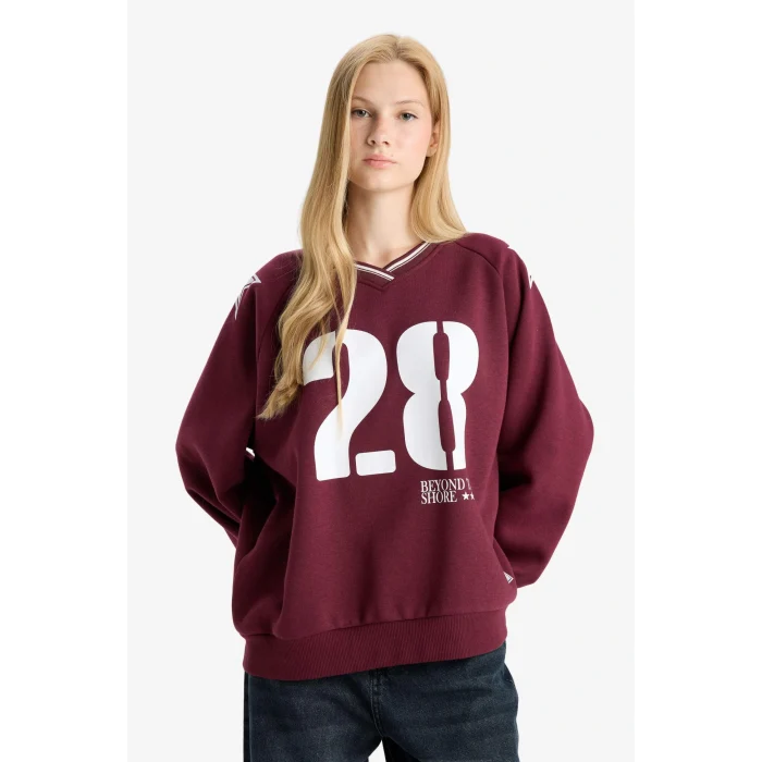 Defacto E8793AXBR467 Bordo Coool Oversize Geniş Kalıp V Yaka Baskılı Kalın Sweatshirt