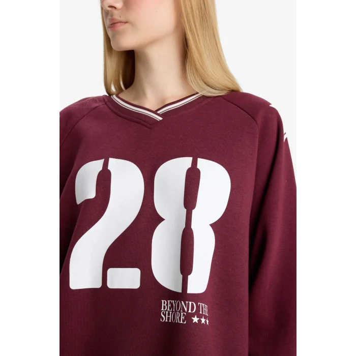 Defacto E8793AXBR467 Bordo Coool Oversize Geniş Kalıp V Yaka Baskılı Kalın Sweatshirt