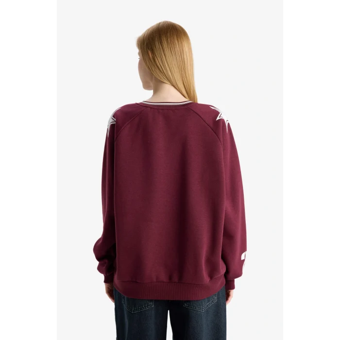 Defacto E8793AXBR467 Bordo Coool Oversize Geniş Kalıp V Yaka Baskılı Kalın Sweatshirt