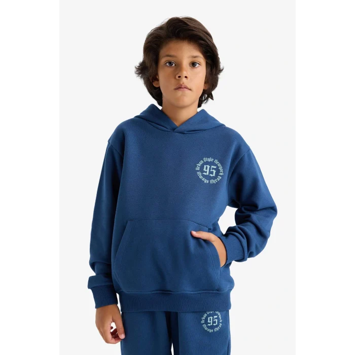 Defacto E9599A8BE829 Mavi Erkek Çocuk Kapüşonlu Baskılı İçi Yumuşak Tüylü Sweatshirt