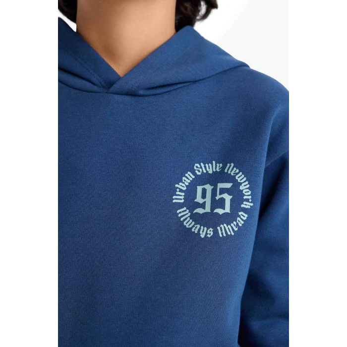 Defacto E9599A8BE829 Mavi Erkek Çocuk Kapüşonlu Baskılı İçi Yumuşak Tüylü Sweatshirt