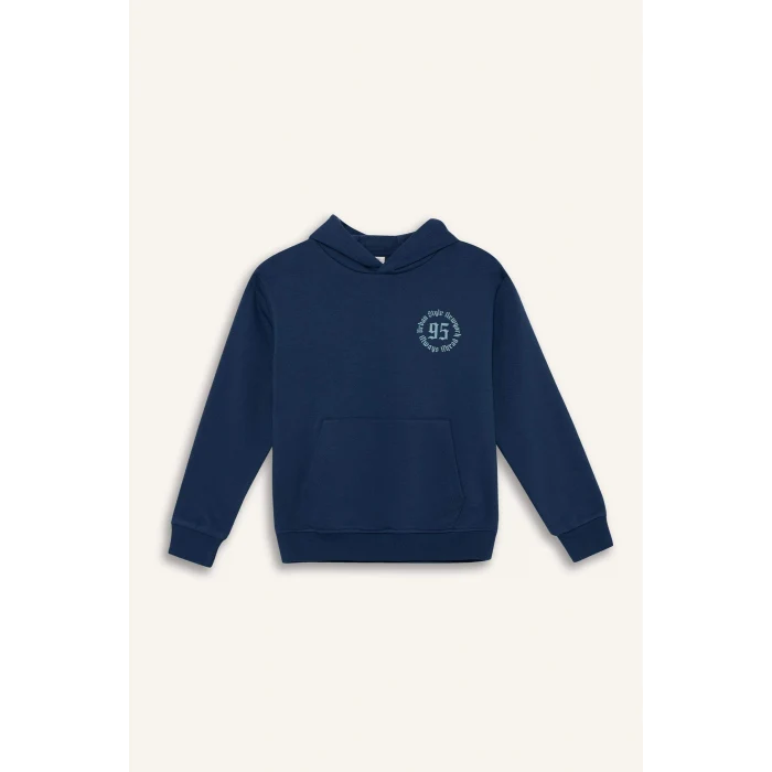 Defacto E9599A8BE829 Mavi Erkek Çocuk Kapüşonlu Baskılı İçi Yumuşak Tüylü Sweatshirt