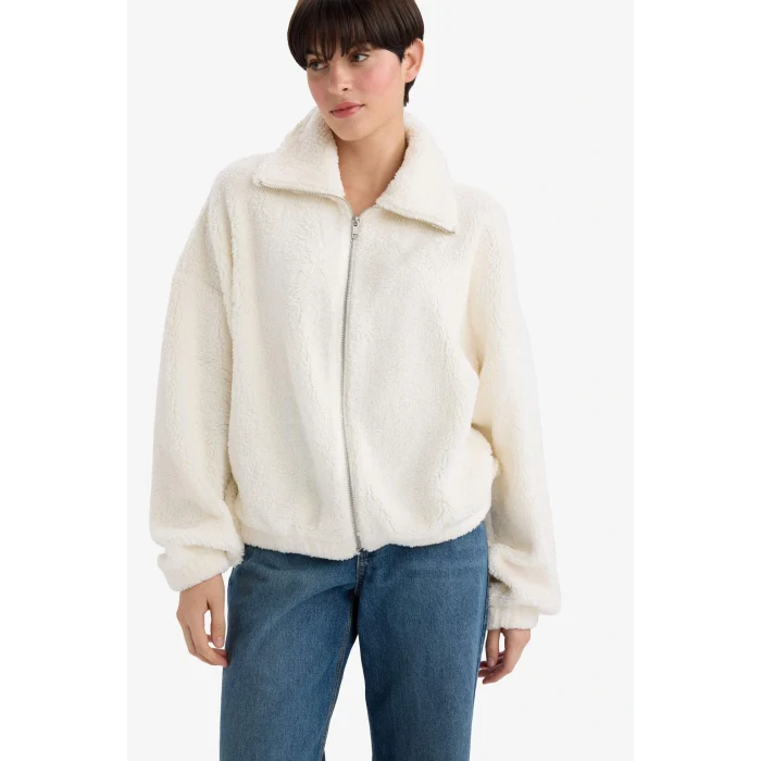 Defacto C8229AXER105 Ekru Oversize Geniş Kalıp Polo Yaka Welsoft Pelüş Hırka