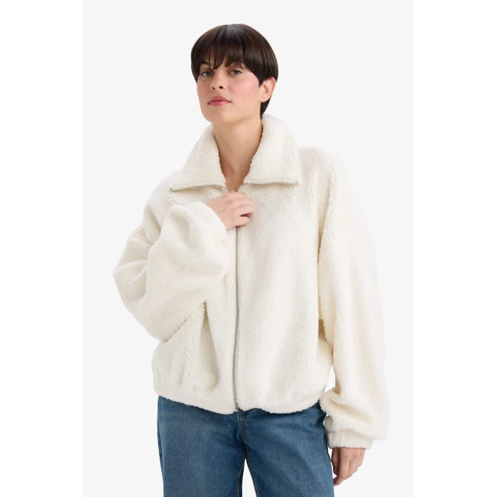 Defacto C8229AXER105 Ekru Oversize Geniş Kalıp Polo Yaka Welsoft Pelüş Hırka