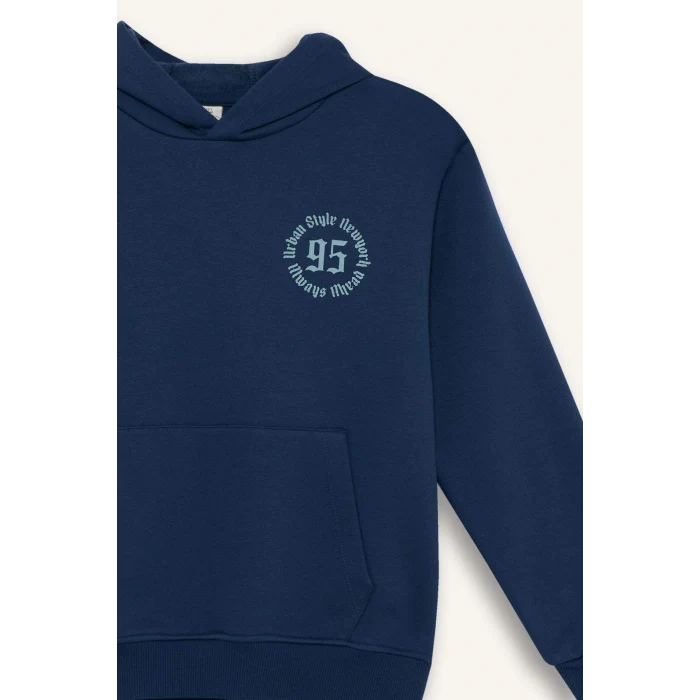 Defacto E9599A8BE829 Mavi Erkek Çocuk Kapüşonlu Baskılı İçi Yumuşak Tüylü Sweatshirt