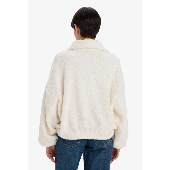 Defacto C8229AXER105 Ekru Oversize Geniş Kalıp Polo Yaka Welsoft Pelüş Hırka