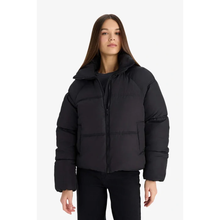 Defacto E8690AXBK27 Siyah Su Geçirmez Regular Fit Dik Yaka Fermuarlı Şişme Mont