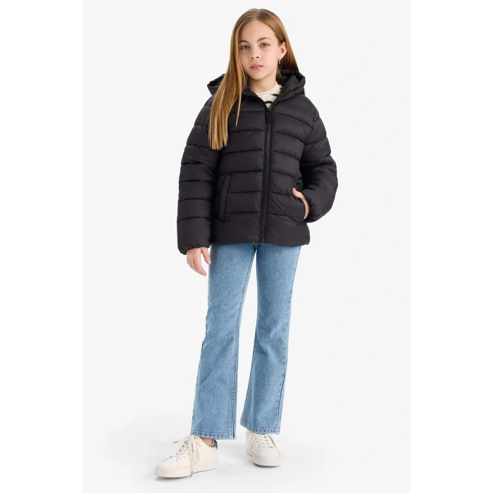 Defacto E5406A8BK27 Siyah Kız Çocuk Su Geçirmez Kapüşonlu Fermuarlı Şişme Mont