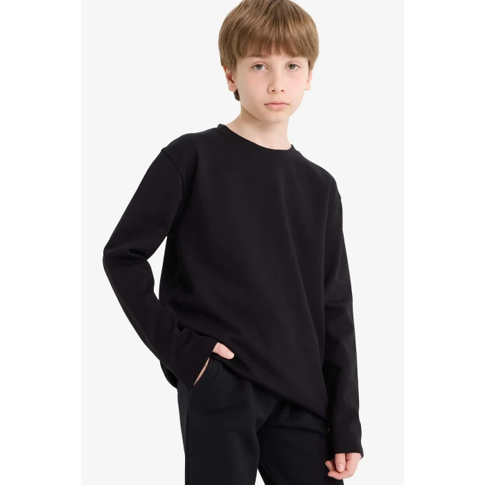 Defacto E9661A8BK81 Siyah Erkek Çocuk Bisiklet Yaka Basic Düz Uzun Kollu Okul Tişörtü
