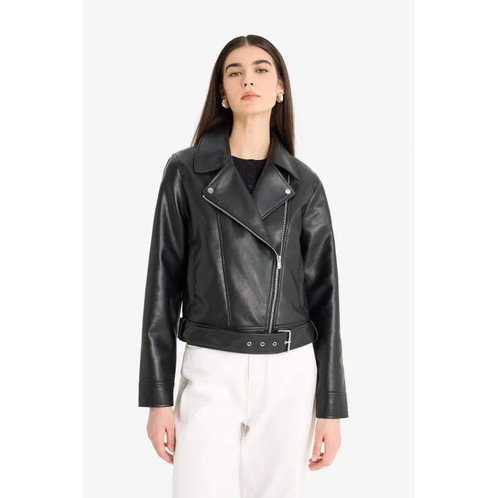 Defacto E8530AXBK27 Siyah Regular Fit Fermuarlı Suni Deri Ceket Mont