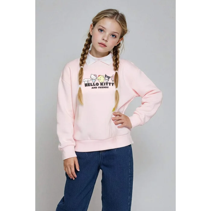 Defacto F3413A8PN648 Pembe Kız Çocuk Hello Kitty Oversize Geniş Kalıp Polo Yaka Sweatshirt