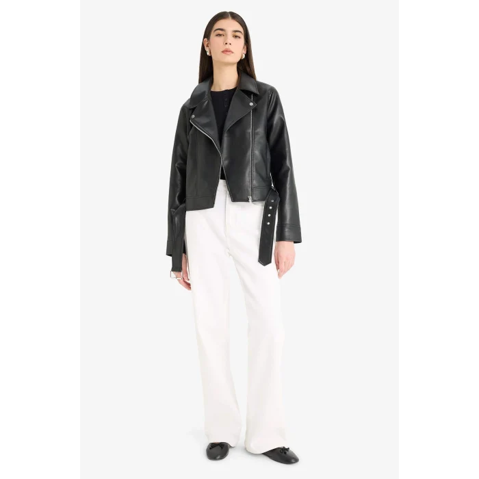 Defacto E8530AXBK27 Siyah Regular Fit Fermuarlı Suni Deri Ceket Mont