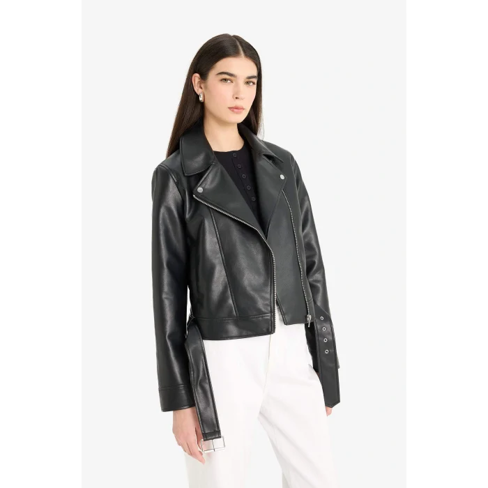 Defacto E8530AXBK27 Siyah Regular Fit Fermuarlı Suni Deri Ceket Mont