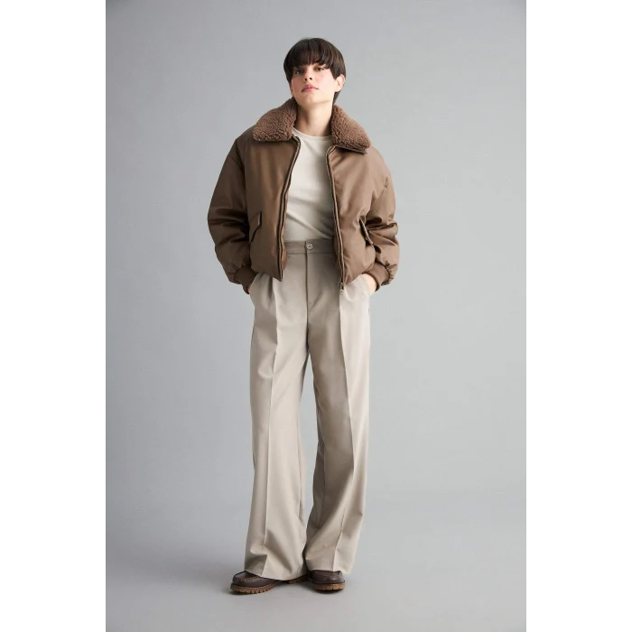 Defacto F2813AXBN530 Kahve Regular Fit Polo Yaka Suni Deri Mont