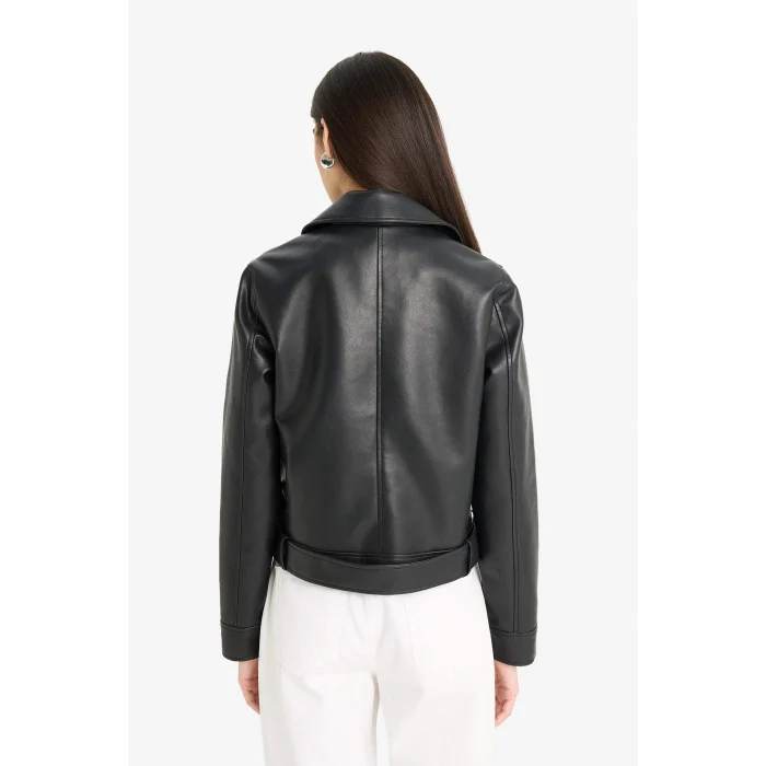 Defacto E8530AXBK27 Siyah Regular Fit Fermuarlı Suni Deri Ceket Mont