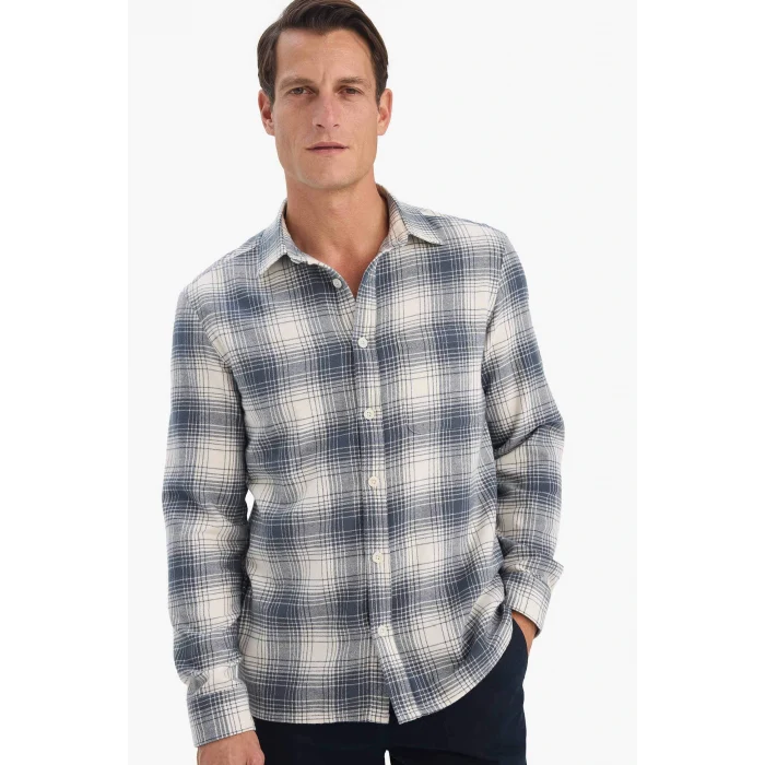 Defacto E8184AXNV125 Lacivert Regular Fit Polo Yaka Kareli Flanel Uzun Kollu Gömlek